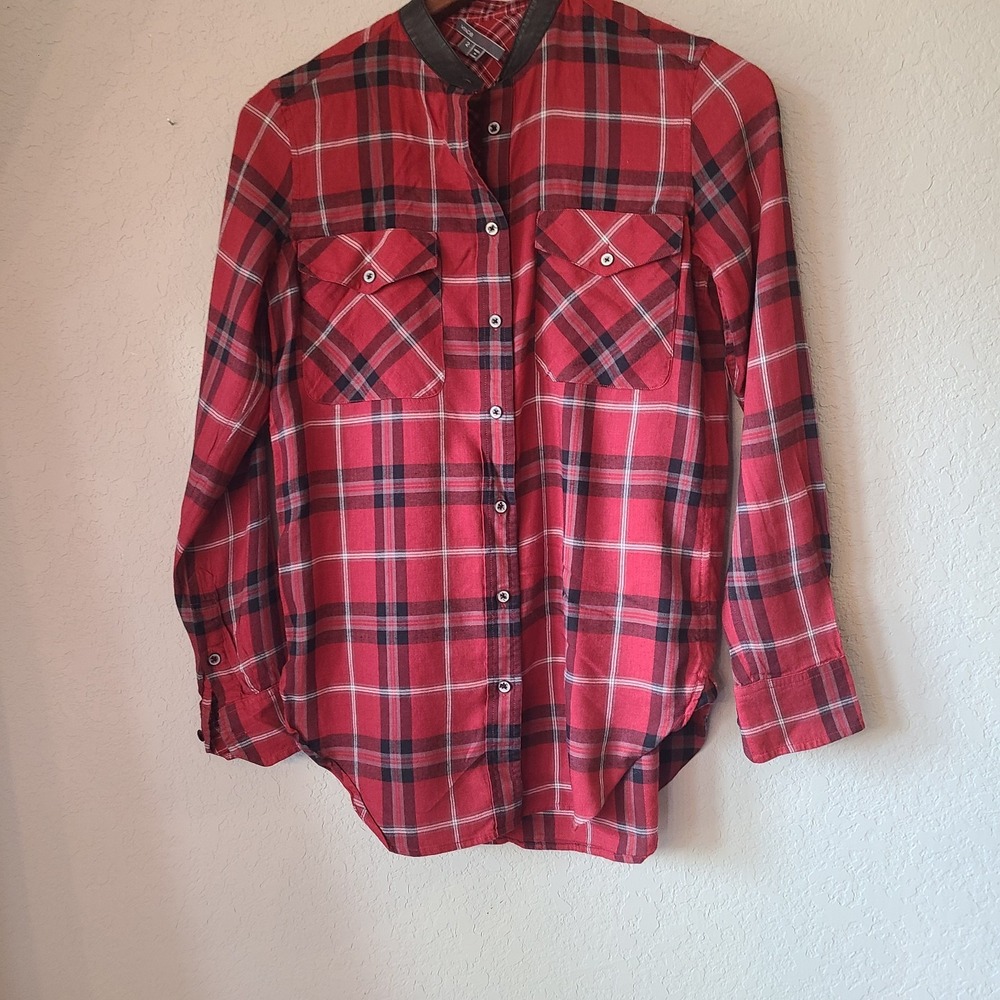 VINCE Womens Plaid Long Shirt Leather Band Collar Button Up Tunic‎ Pockets Sz2